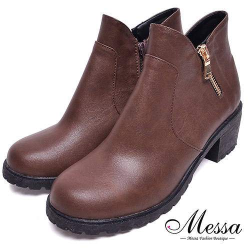 【Messa米莎專櫃女鞋】MIT簡約百搭金屬拉鍊造型方跟踝靴37咖啡色