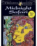 Creative Haven Midnight Safari Coloring Book: Wild Animal Designs on a Dramatic Black Background