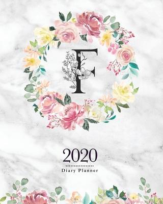 2020 Diary Planner: 8x10 Planner With Watercolor Flowers F Monogram On Gray Marble for Woman