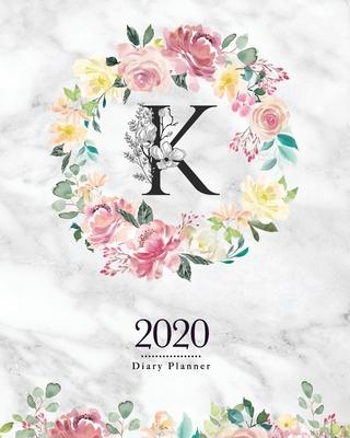2020 Diary Planner: 8x10 Planner With Watercolor Flowers K Monogram On Gray Marble for Woman