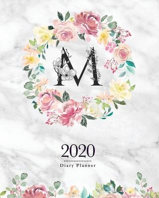 2020 Diary Planner: 8x10 Planner With Watercolor Flowers M Monogram On Gray Marble for Woman