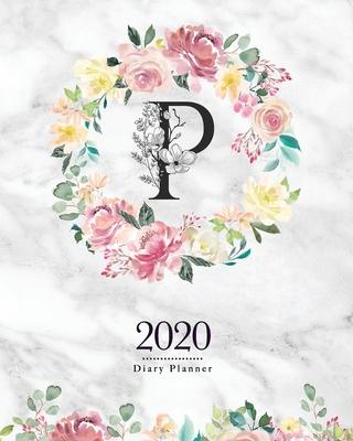 2020 Diary Planner: 8x10 Planner With Watercolor Flowers P Monogram On Gray Marble for Woman