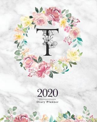 2020 Diary Planner: 8x10 Planner With Watercolor Flowers T Monogram On Gray Marble for Woman