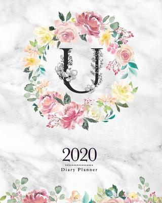 2020 Diary Planner: 8x10 Planner With Watercolor Flowers U Monogram On Gray Marble for Woman