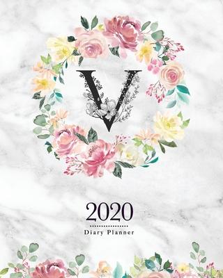 2020 Diary Planner: 8x10 Planner With Watercolor Flowers V Monogram On Gray Marble for Woman