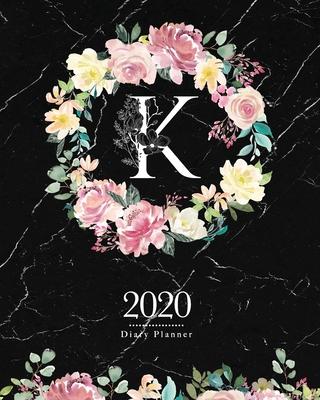 2020 Diary Planner: Dark 8x10 Planner Watercolor Flowers Monogram Letter K on Black Marble