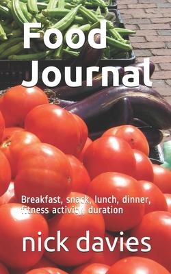 Food Journal: Breakfast, snack, lunch, dinner, fitness activity, duration