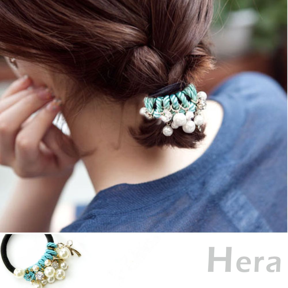 【Hera】赫拉 手工髮飾水鑽珍珠蝴蝶結繞線髮圈/髮束-3色(淺藍色)
