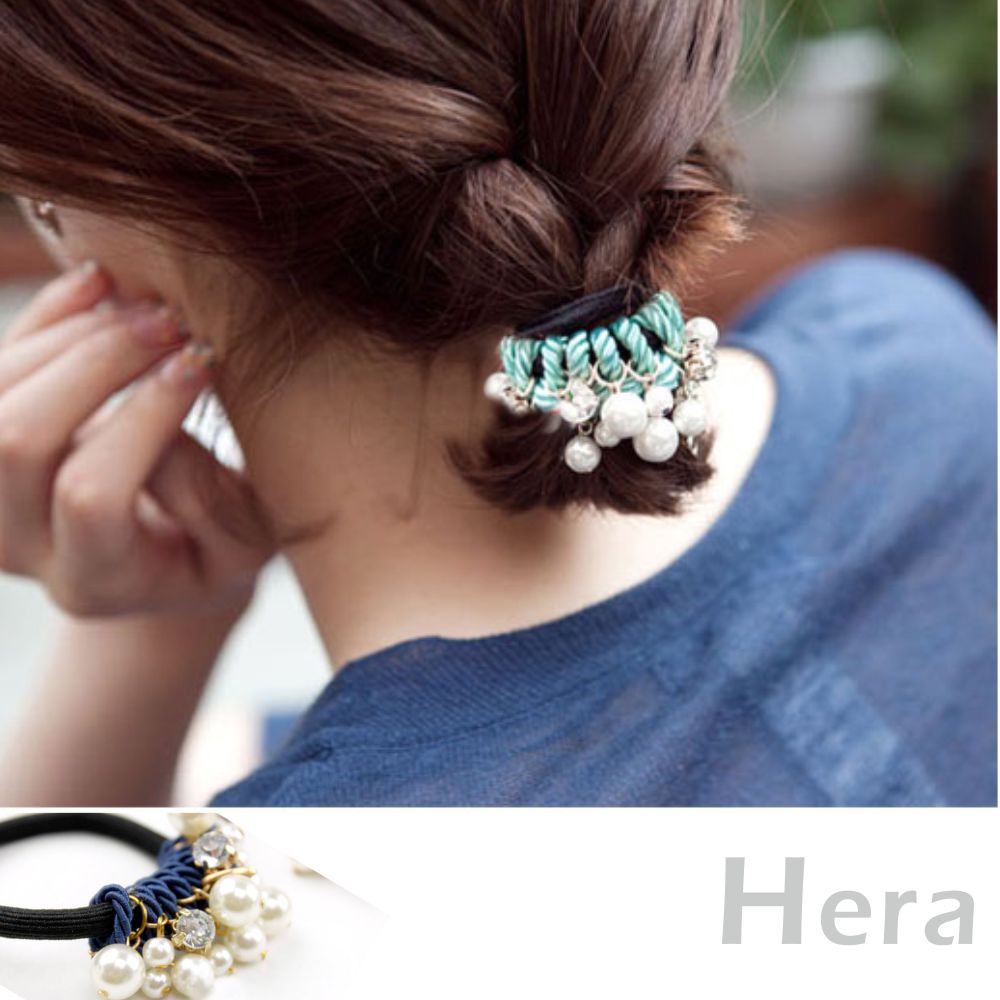【Hera】赫拉 手工髮飾水鑽珍珠蝴蝶結繞線髮圈/髮束-3色(深藍色)