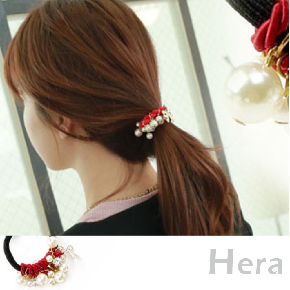 【Hera】赫拉 手工髮飾水鑽珍珠蝴蝶結繞線髮圈/髮束-3色(紅色)