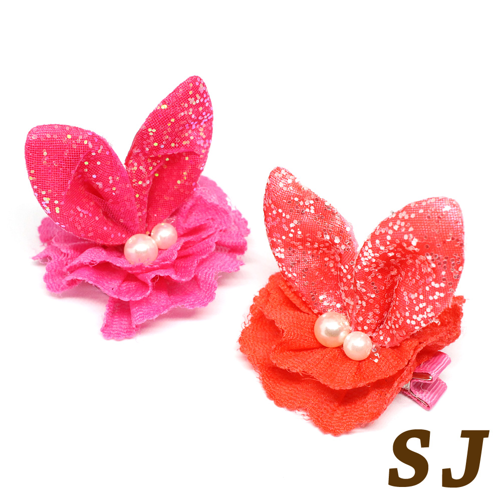【SJ】立體亮片珍珠兔耳花邊造型壓夾-橘紅