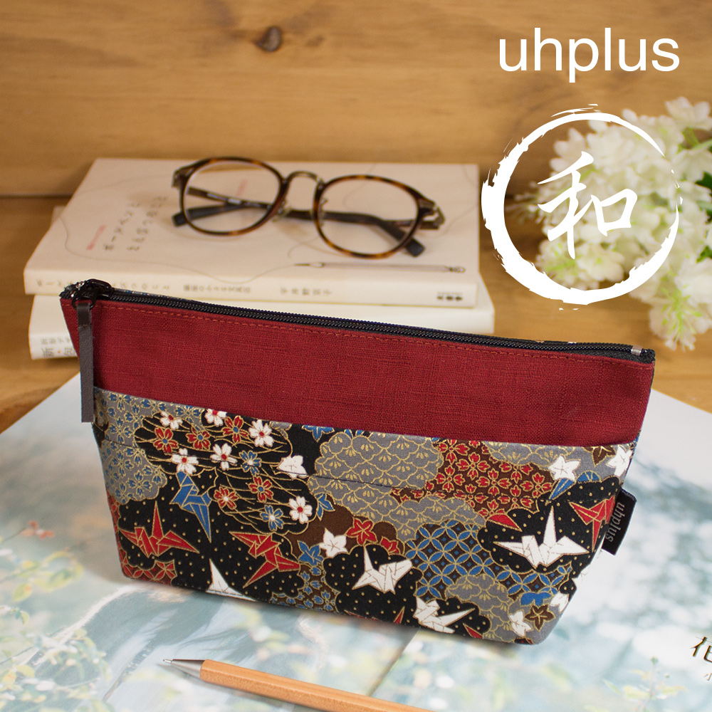 uhplus Q-plus口袋寬底筆袋-平安京和柄．千羽鶴