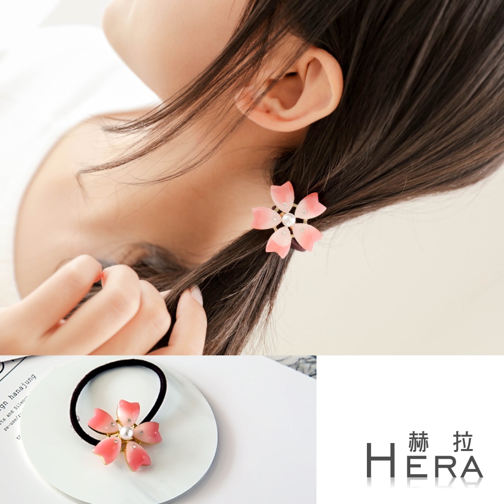 【Hera】赫拉  萌粉珍珠水鑽櫻花髮圈/髮束(深粉)