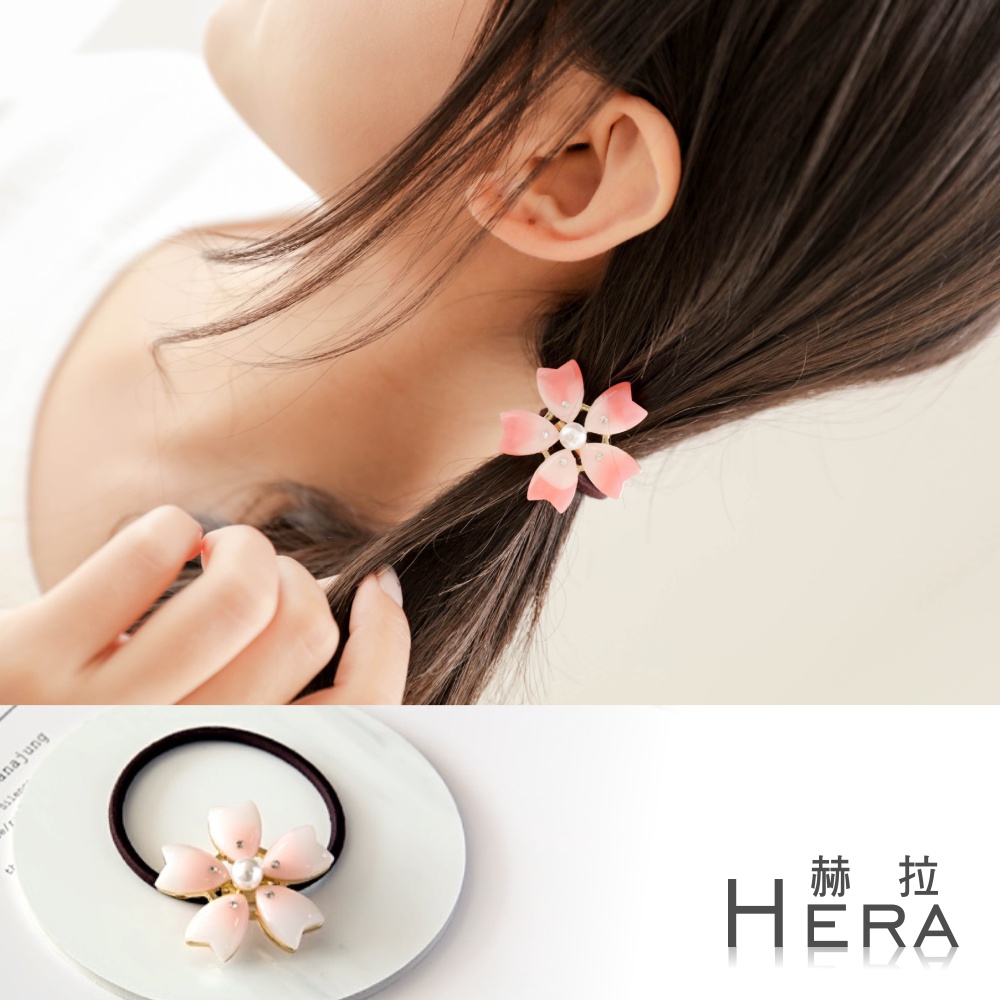 【Hera】赫拉  萌粉珍珠水鑽櫻花髮圈/髮束(淺粉)