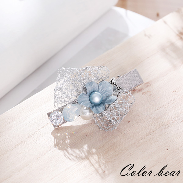 【卡樂熊】多層次蝶結珍珠花朵水鑽髮夾-藍綠