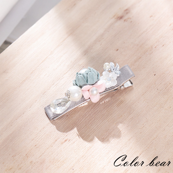 【卡樂熊】氣質珍珠立體花朵水鑽髮夾-綠粉