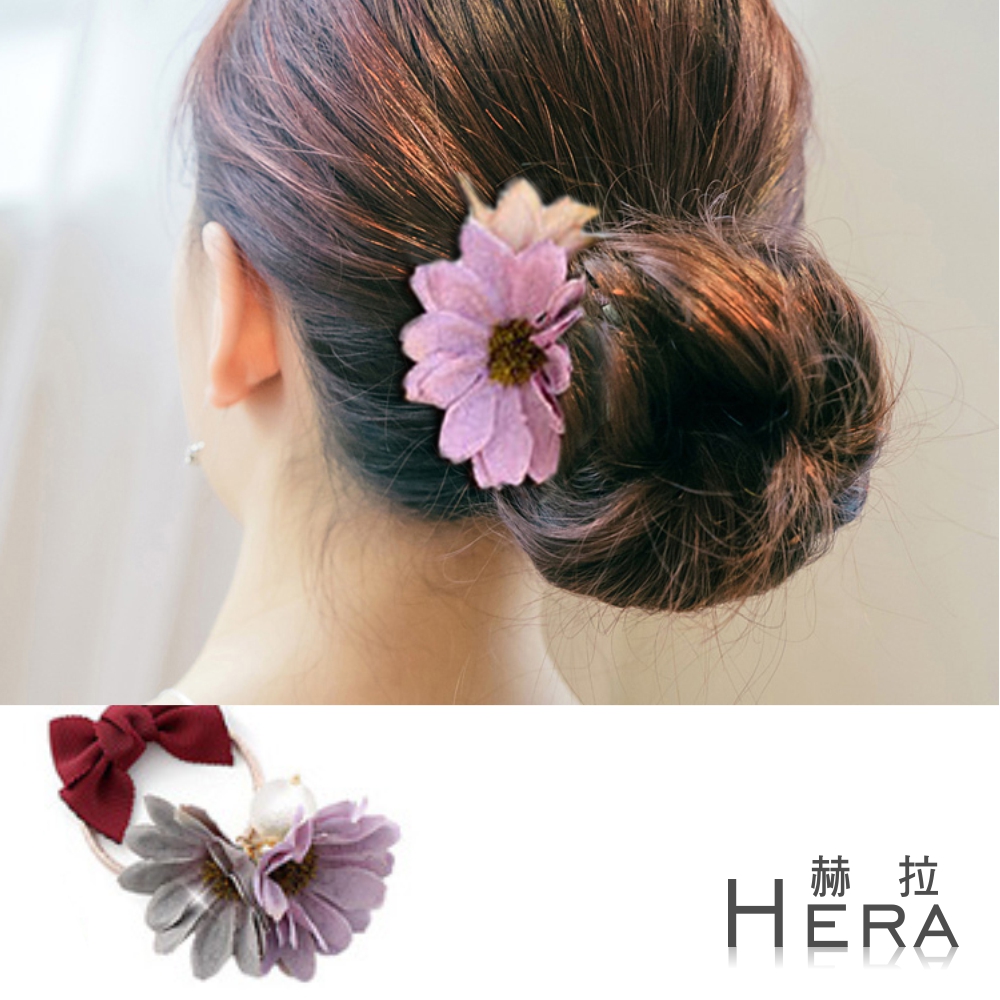 【Hera】赫拉  撞色雙花朵蝴蝶結髮圈/髮束-(三色)紫粉色