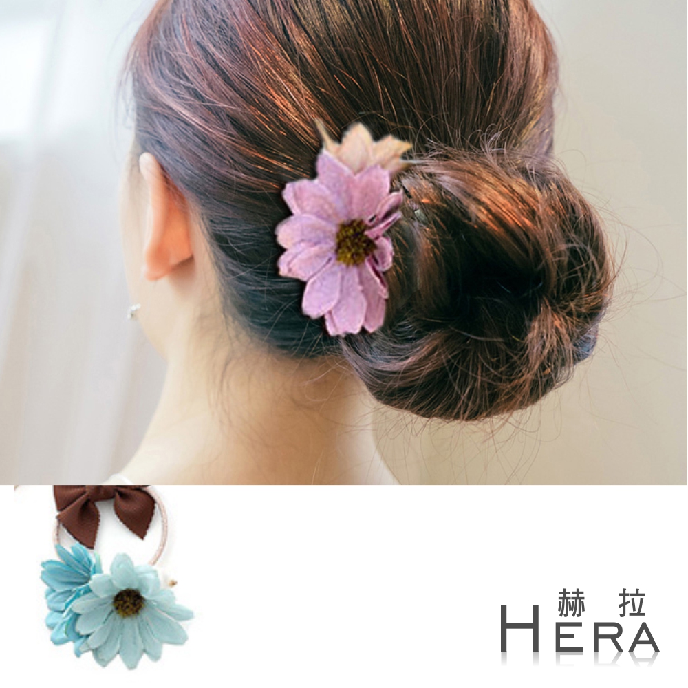 【Hera】赫拉  撞色雙花朵蝴蝶結髮圈/髮束-(三色)藍色