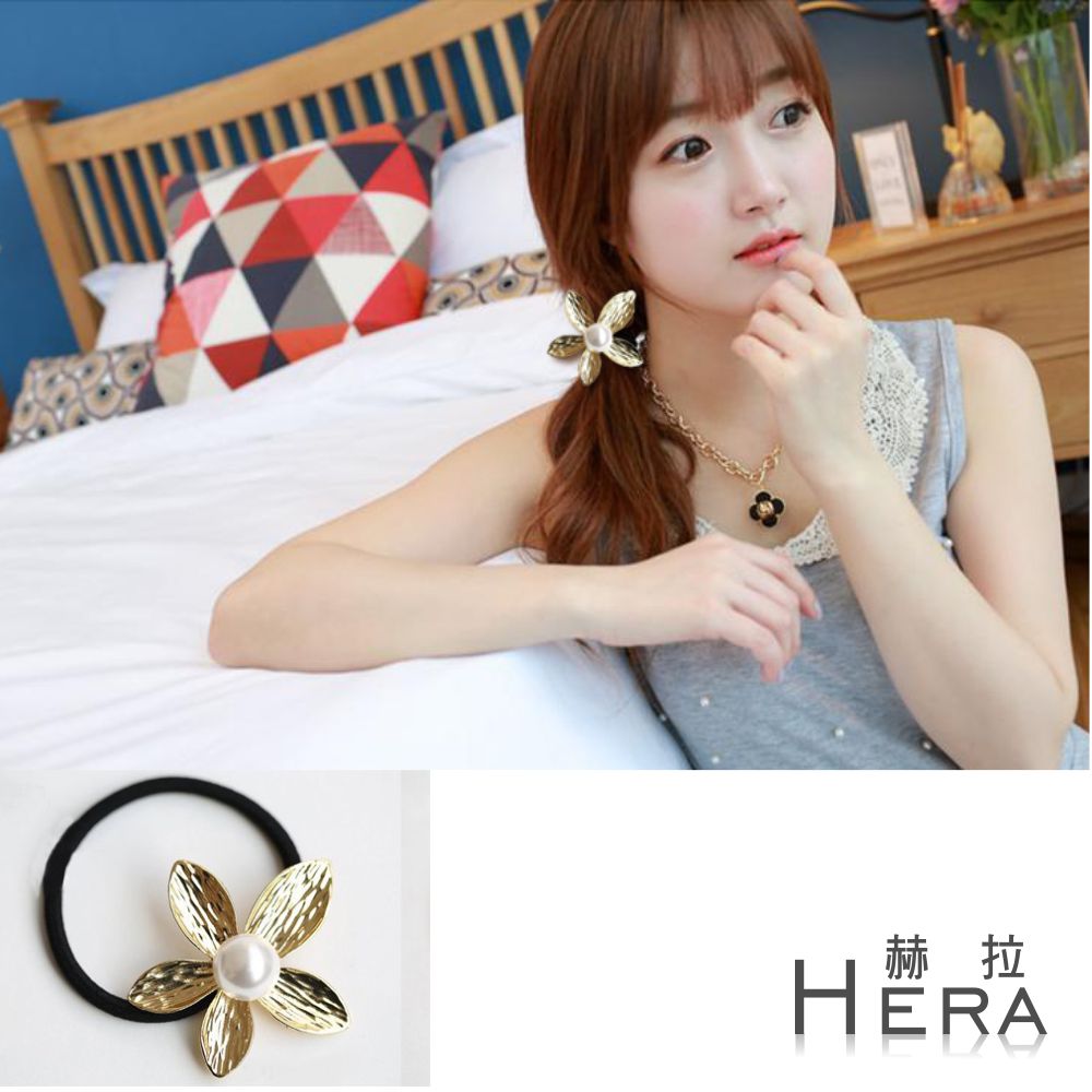 【Hera】赫拉 壓紋珍珠五葉花朵髮圈/髮束(兩色)金色