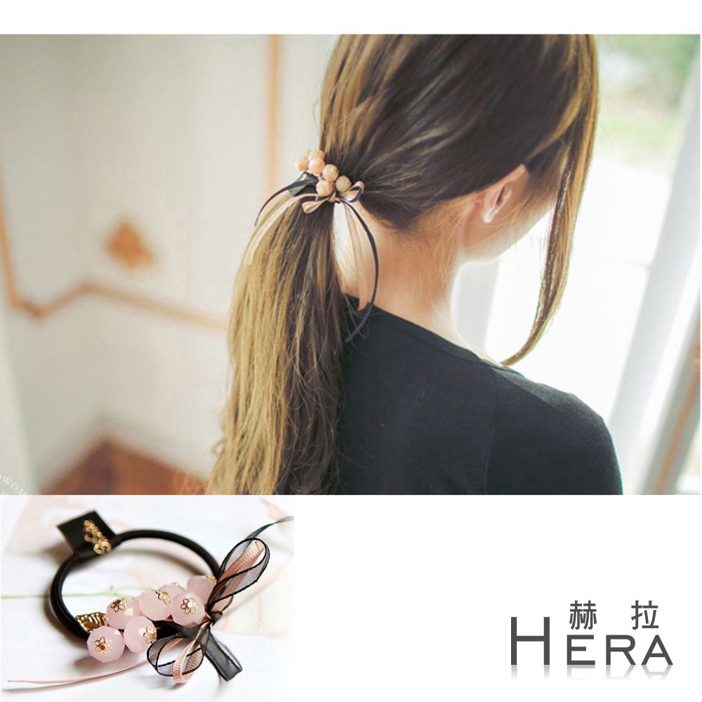 【Hera】赫拉 手工水晶串珠蝴蝶結髮圈/髮束(兩色)粉色