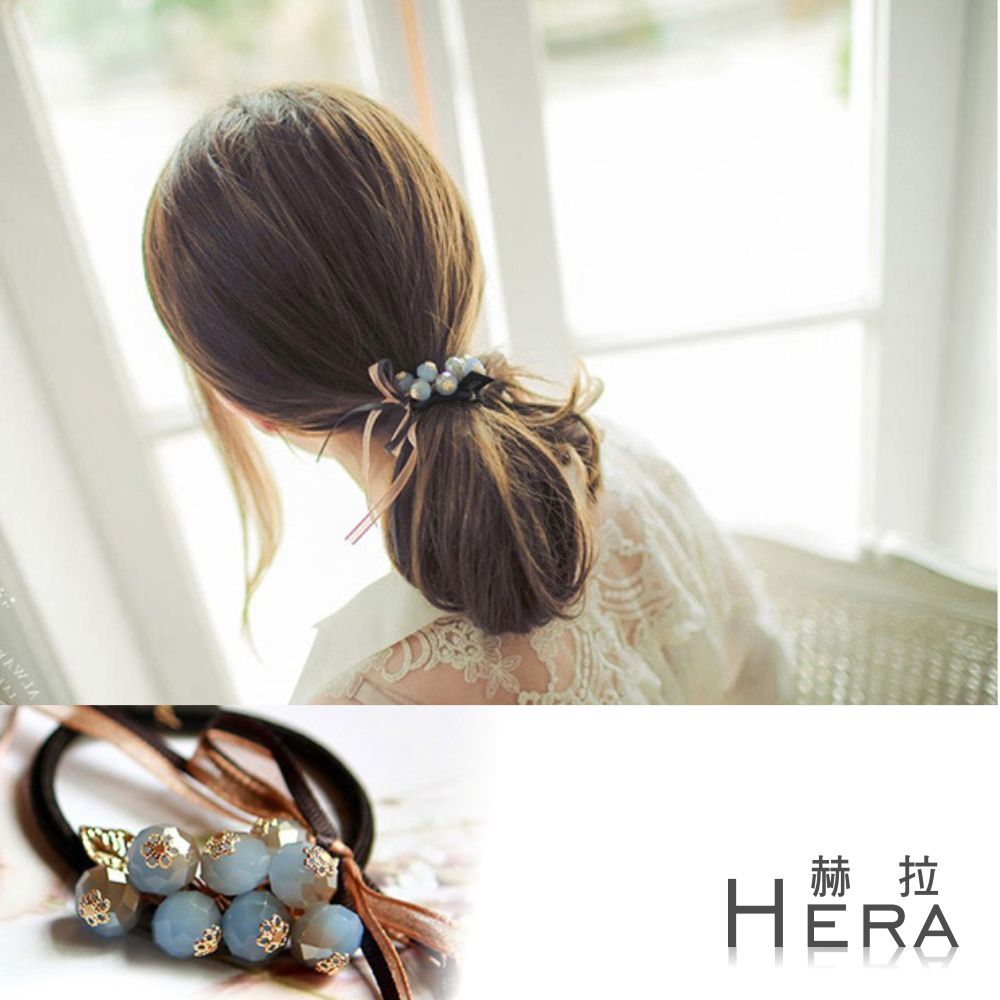 【Hera】赫拉 手工水晶串珠蝴蝶結髮圈/髮束(兩色)藍色