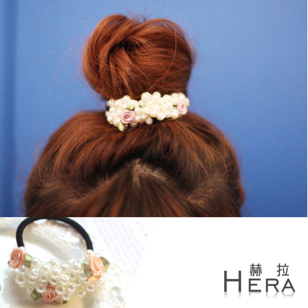 【Hera】赫拉 手工珍珠串珠小玫瑰髮圈/髮束-(兩色)(淺粉色)
