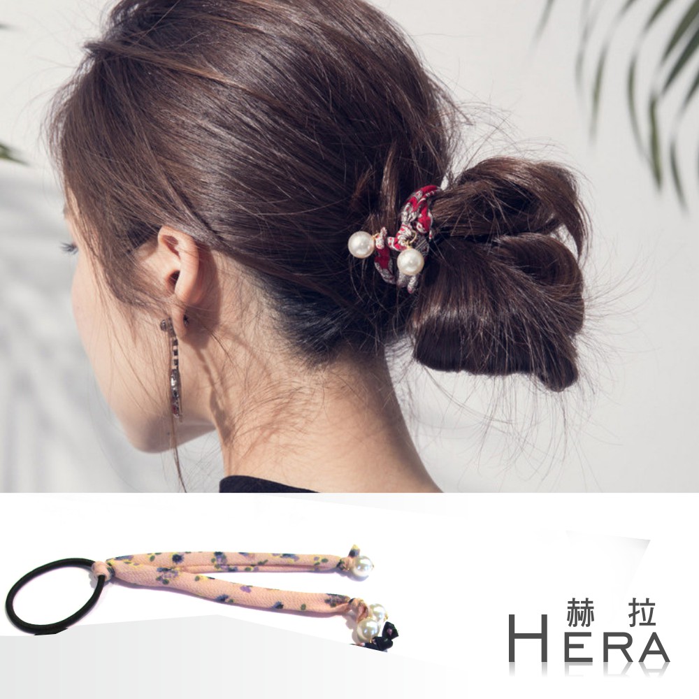 【Hera】赫拉 可盤髮印花珍珠吊墜髮圈/髮束(四款)粉色碎花