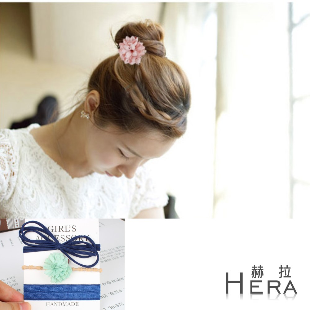 【Hera】赫拉 雪紡雛菊蝴蝶結打結髮繩/髮圈/髮束(三入組)藍色
