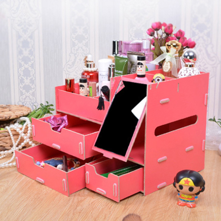 DIY帶鏡子三層梳妝收納盒(贈兔子手機支架)玫紅