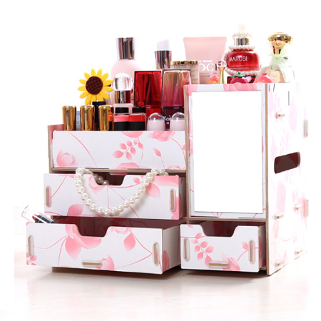 DIY帶鏡子三層梳妝收納盒(贈兔子手機支架)粉玫瑰