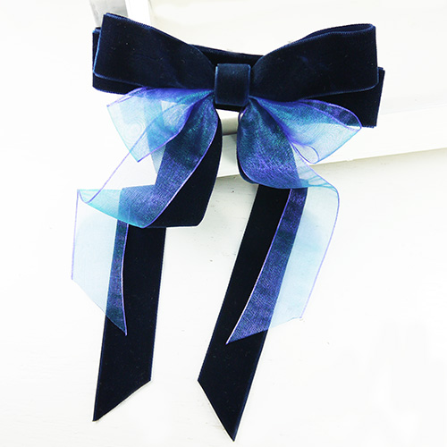 【PinkyPinky Boutique】氣質雪紗絨布緞帶蝴蝶結髮夾 (深藍)