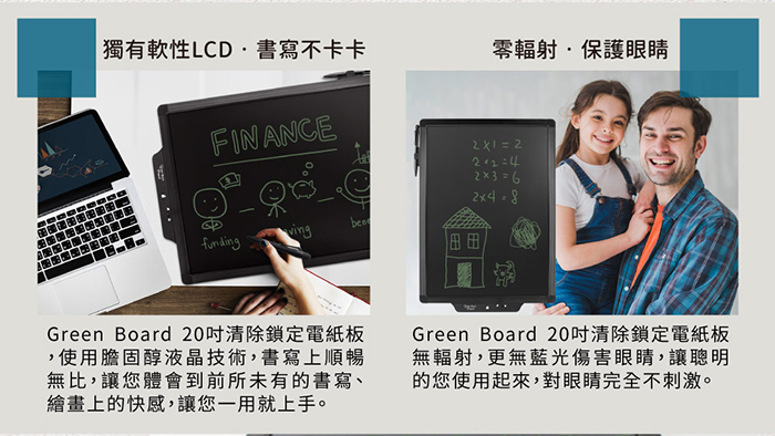 Green Board 20吋電紙板 膽固醇液晶螢幕，書寫方便又快速