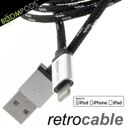 BOOMPODS retrocable MFI Lightning USB Apple認證 iPhone5/6充電傳輸線黑蟒