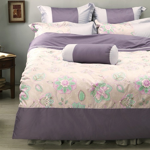 LITA麗塔 波隆那-紫花303織精梳棉床包薄被套枕套四件式-雙人