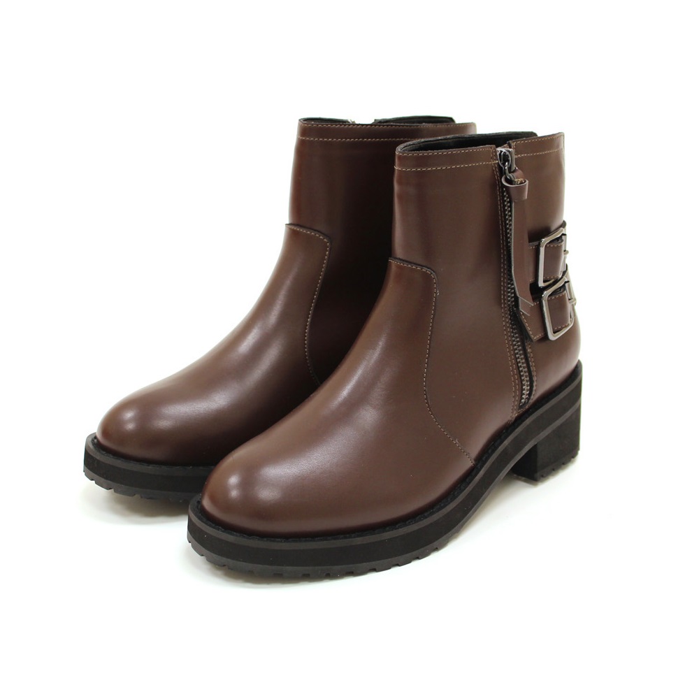 【U】NUOVO - 時尚後扣裝飾拉鍊中筒靴(女款,二色可選)JPN23 - 棕色