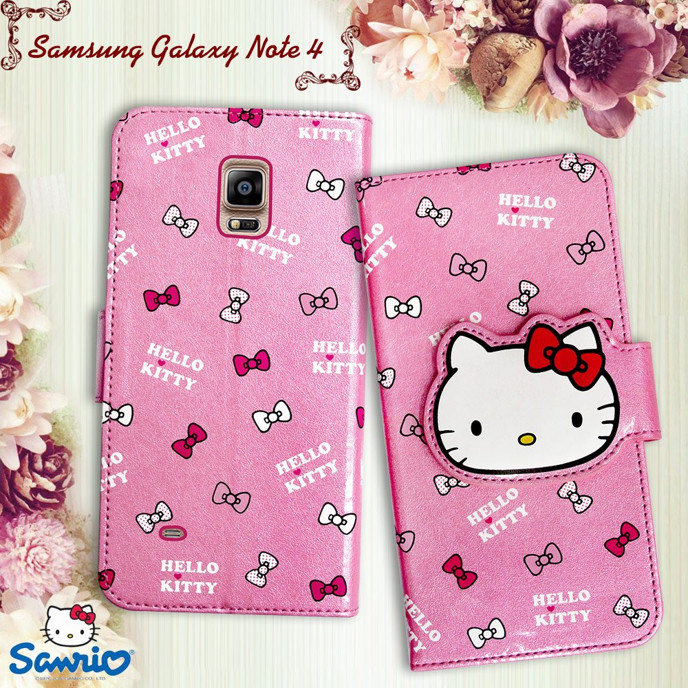 三麗鷗授權 Hello Kitty 凱蒂貓 Samsung Galaxy Note 4 閃粉絲紋彩繪皮套(蝴蝶結粉)