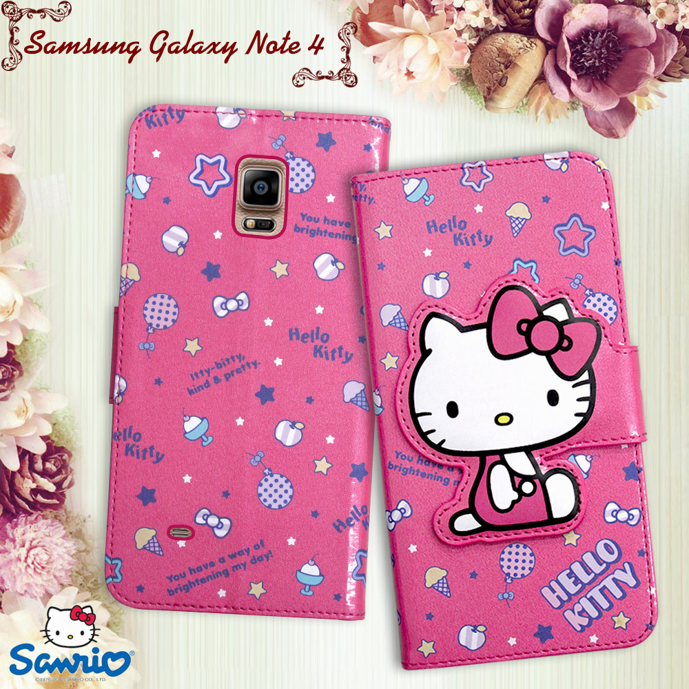 三麗鷗授權 Hello Kitty 凱蒂貓 Samsung Galaxy Note 4 閃粉絲紋彩繪皮套(甜點桃)