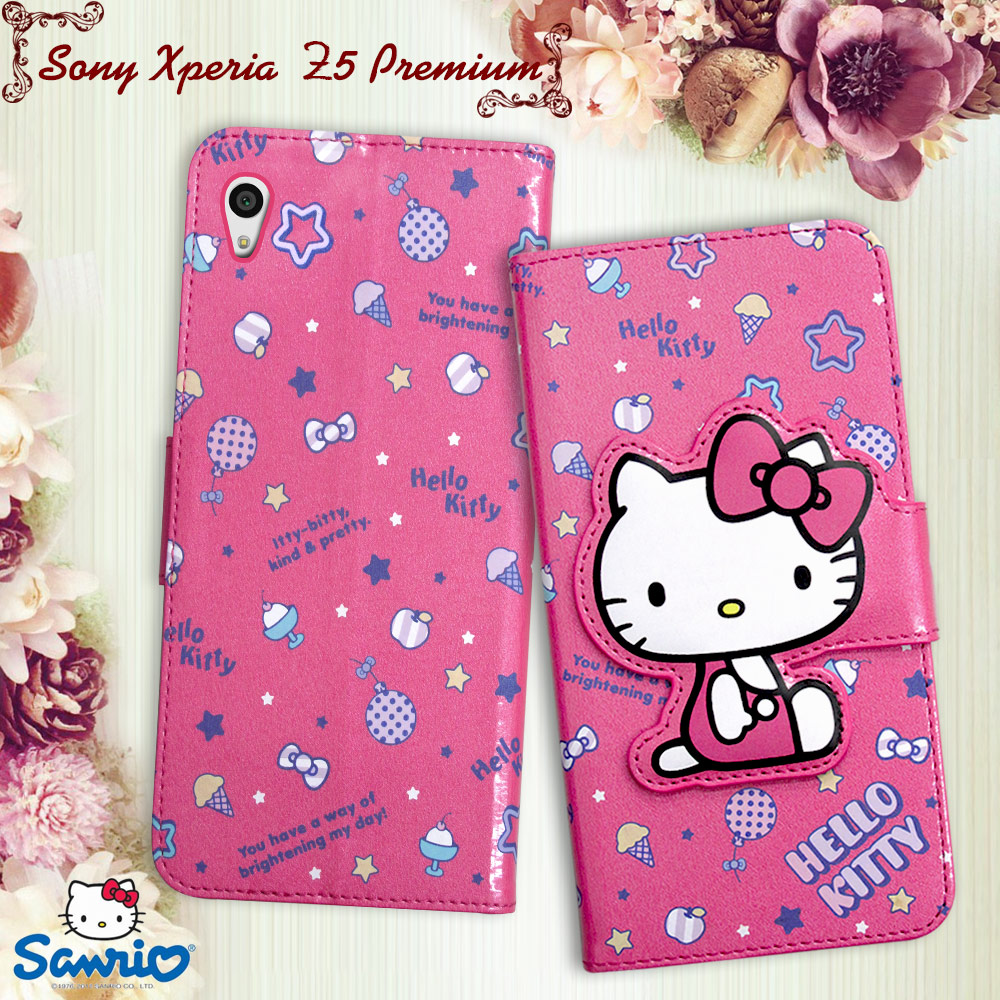 三麗鷗授權 Hello Kitty 凱蒂貓 SONY Xperia Z5 Premium 5.5吋 閃粉絲紋彩繪皮套(甜點桃)