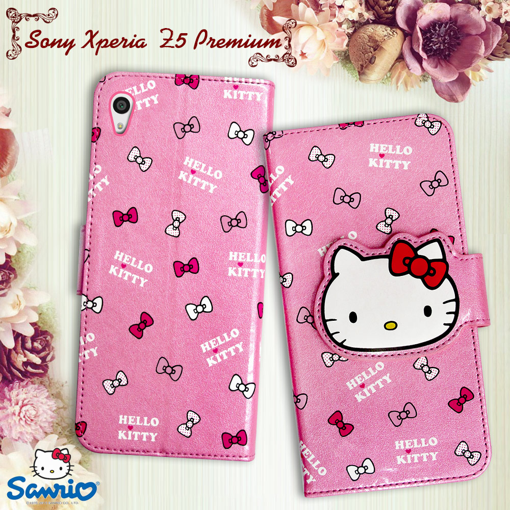 三麗鷗授權 Hello Kitty 凱蒂貓 SONY Xperia Z5 Premium 5.5吋 閃粉絲紋彩繪皮套(蝴蝶結粉)